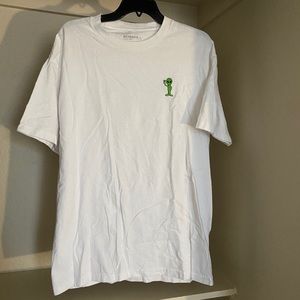 white t-shirt. alien logo on front.